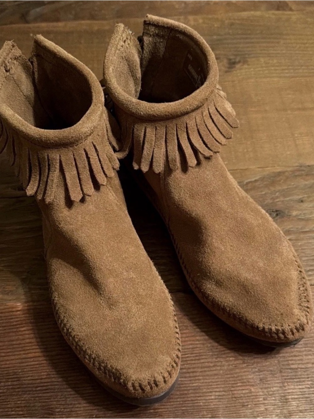 Minnetonka Tan Suede Fringe Moccasin Boots - Picture 1 of 3